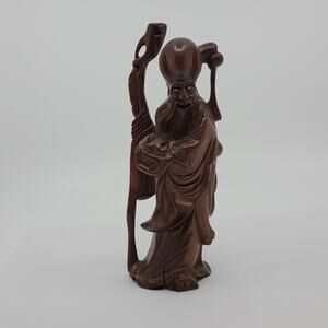 Vintage Chinese wood carving wise man statue figurine 8" tall